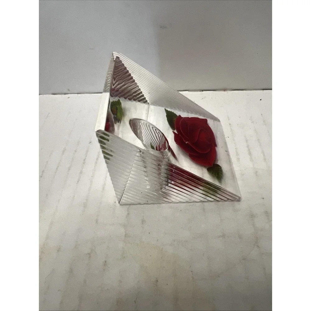 Vtg Bircraft Lucite & carved Red Rose PEN HOLDER 1950s